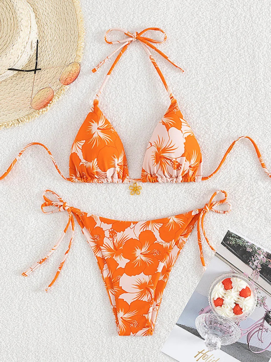 Bikini Set Womens Print 2 Piece Swimsuit Sexy Laceup Triangle Halter Backless Swimwear Beach Vacation Bathing Suit 2025 250321