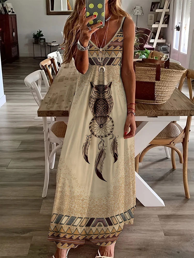 Vintage Ethnic Style Womens Long Dress Summer Daily Casual Womens Sleeveless Dress Indian Owl Totem Print Fashion V-neck Dress 250324