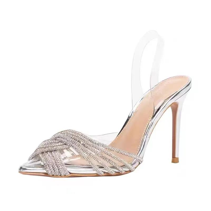 free Shipping Transparent sandals Baotou slippers Shallow mouth slippers with back air Cross rhinestone high heels Banquet wedding shoes NEW 2025