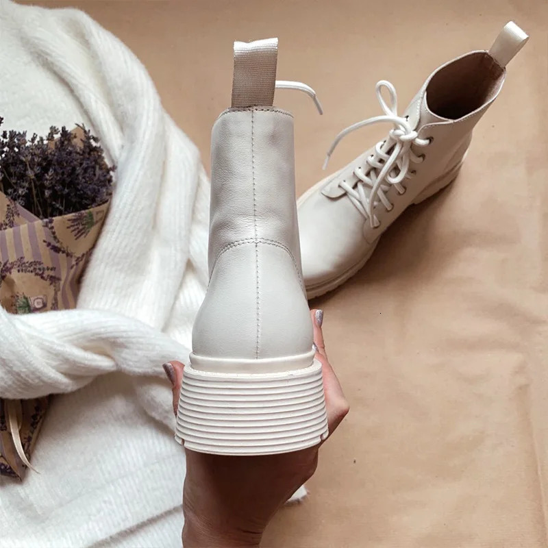 BeauToday Ankle Boot Genuine Cow Leather LaceUp Round Toe Lady Booties Autumn Winter Platform Sole Shoes Handmade 03429 250317