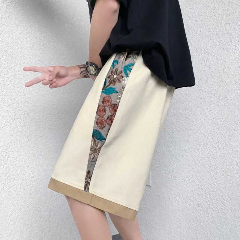 Summer embroidered shorts mens fashion casual mens Japanese streetwear loose hip-hop straight shorts mens plus size W250324