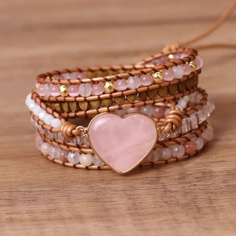 Rose Quartz Natural Stone Wrap Bracelet For Women/Men Multilayer Heart Charms Genuine Leather Boho Handmade Beaded Bracelet 250318
