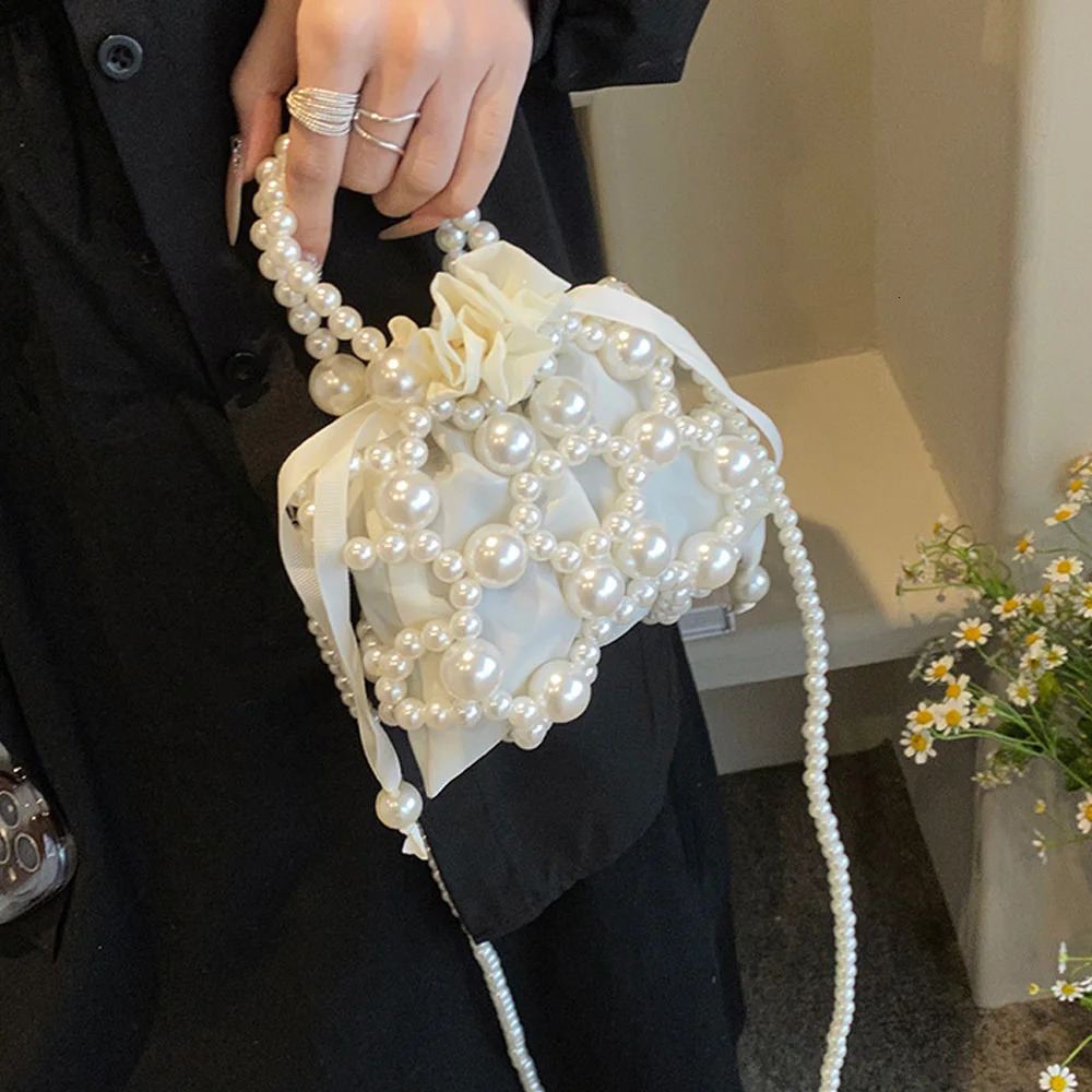 pearl bead womens shoulder cross bag pearl chain buckle bucket handbag 250320