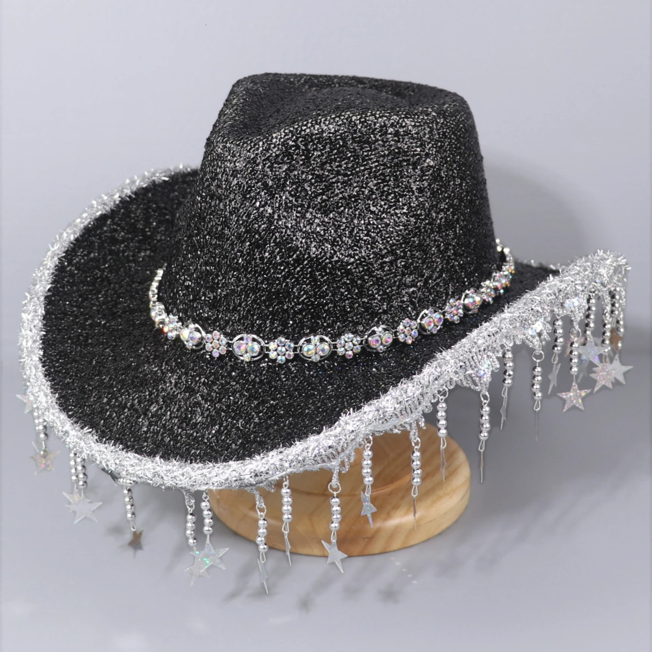 A western cowboy hat for men and women bright silk material with colorful Rhinestone decoration star beaded pendant 250322
