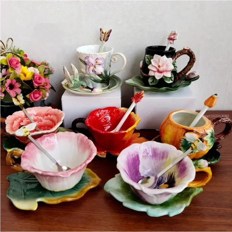 Creative Sunflowers Roses Ceramic Cups Family Afternoon Tea Coffee Cup SetElegant French Tea Set MugsButterfly Spoon 250325