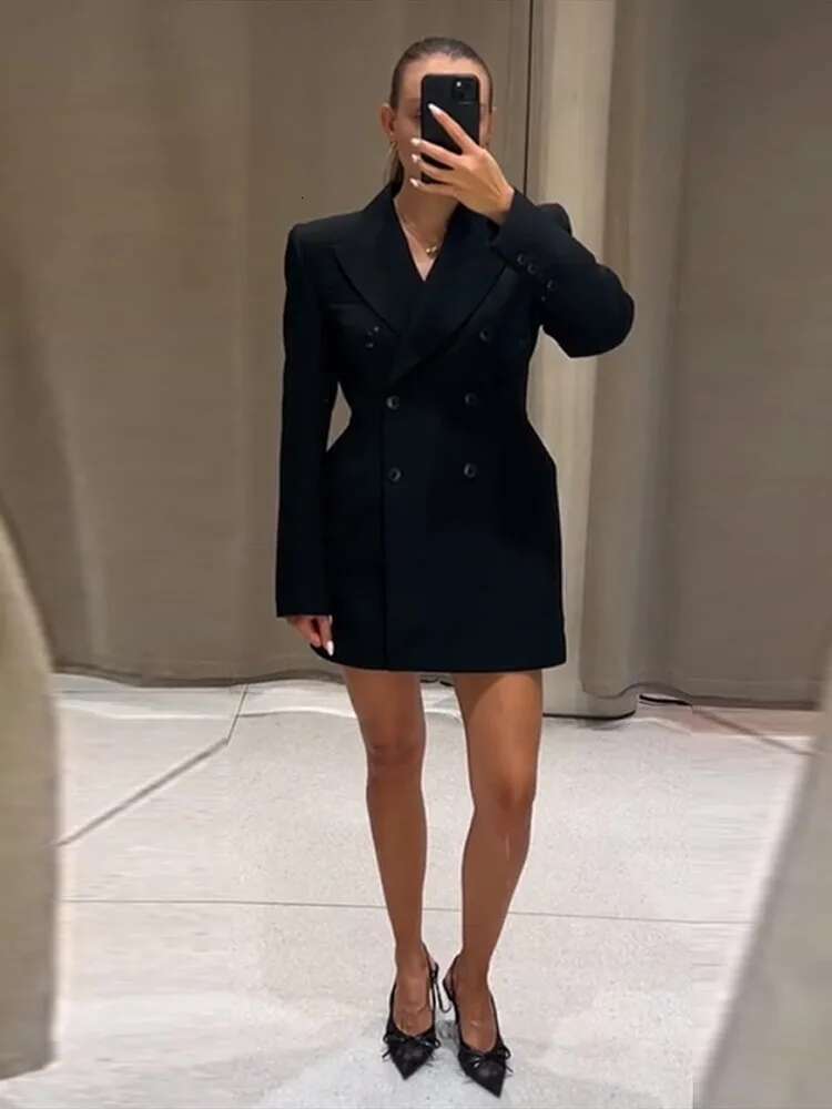Silhouette Suit Coat Short Dress Waist Cinched V-Neck Shoulder Pads Suits Outwear Double Breasted Slimming Commute Jacket Top