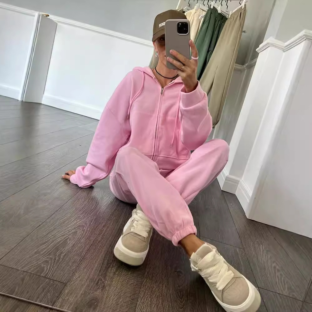 Casual Women's Solid Color Long Sleeve Zipper Hoodie Elastic Strap Pants Two Piece Set