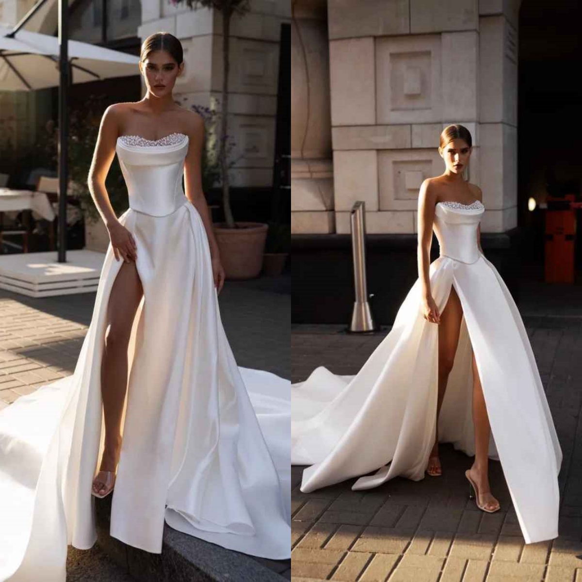 Simple A Line Wedding Dresses Pearls Sleeveles Strapless Bride Dress High Splits Sweep Train Princess Bridal Dress Customized