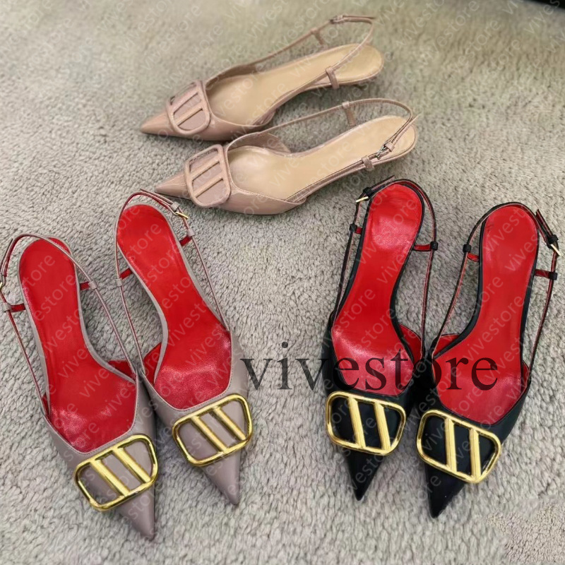 High heels designer heels women Sandals Button Pointed Shoes Genuine Leather Woman Wedding Shoes Dress shoes Classics Metal Buckle 35-42 08