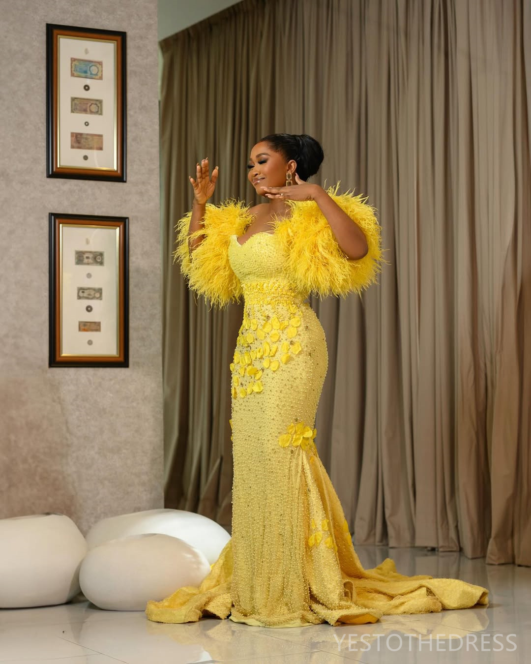 2025 Light Yellow Prom Dress Mermaid Prom Dress For Special Occasions Off Shoulder Feathered Beaded Lace Crystals Illusion Birthday Second Reception G