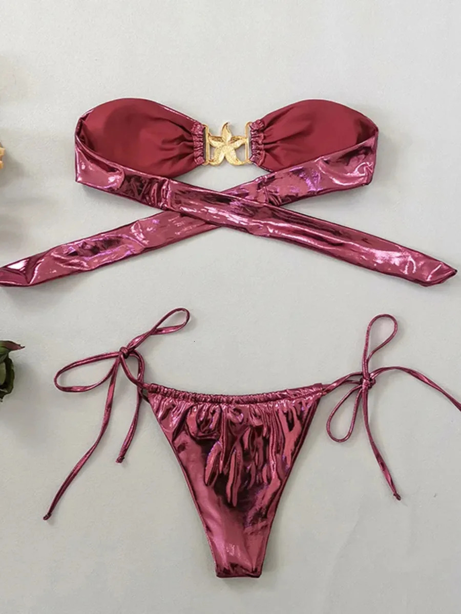 2025 Shiny 2-piece Swimsuit for Womensolid Color Glossy Strapless Thong Bikinisexy Starfish Accessories Beach Swimwear 250325