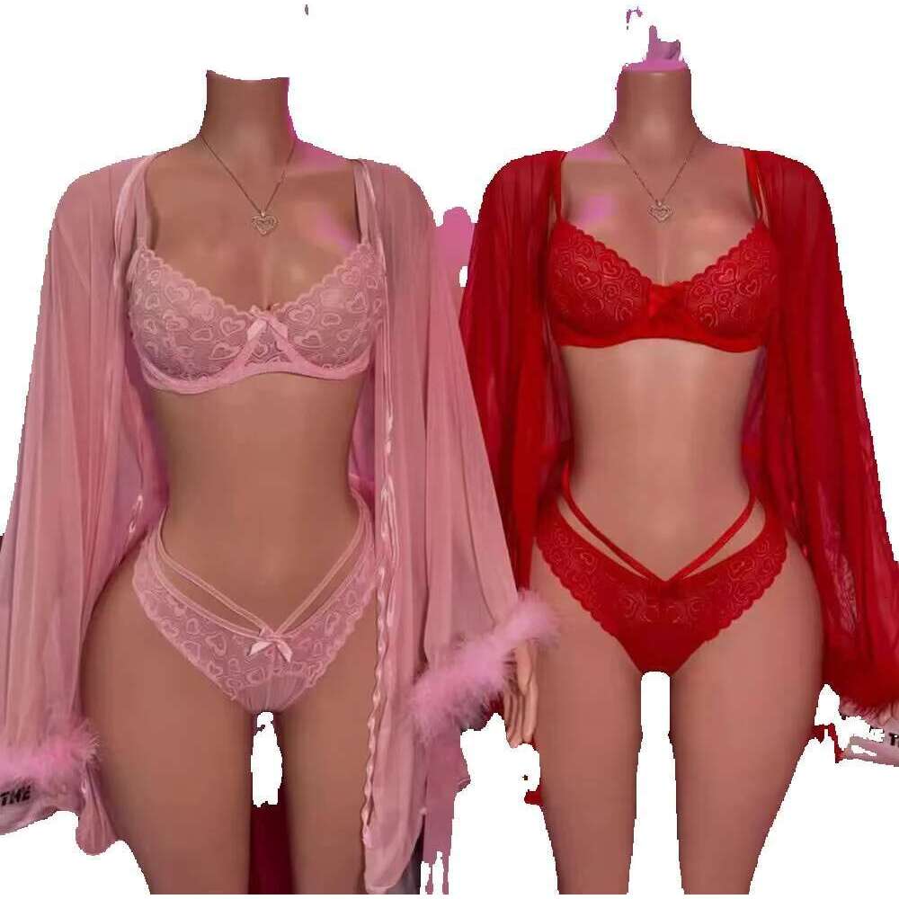 OEM Sexy Sleep Womens Sleepwear Lace Underwear Custom Woman Bra + Panties +Robes Lady 3 Piece Gerie Sets 2025