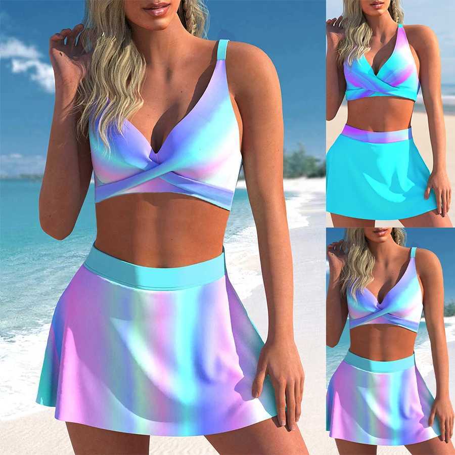 Summer Beach Fashion Womens Bikini Two Piece Set Solid Color Printed Sexy Fashion Beach Skirt S-5XLXJ250324