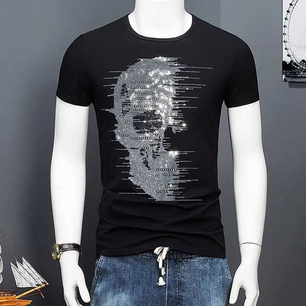 British style mens summer skull T-shirt shiny T-shirt mens fashion street clothing Rhinestone print mens T-shirt Camisetas Hombre W250324