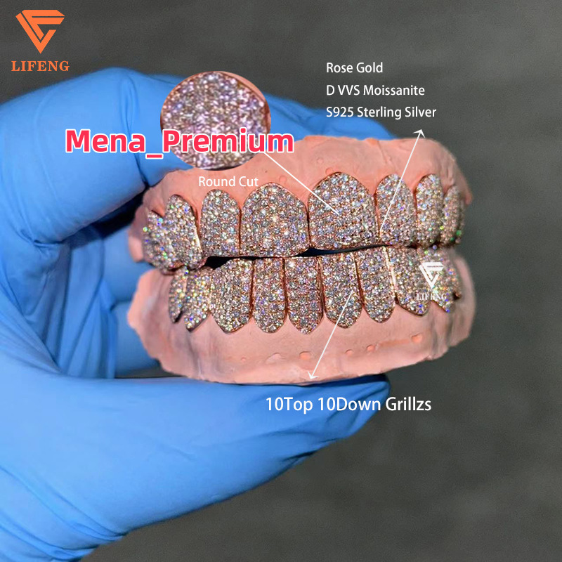 10 Top 10 Bottom Customizable Rose Gold Plated Iced Out Moissanite Grillz Hip Hop Jewelry Set With Perm Cut Moissanite for Teeth