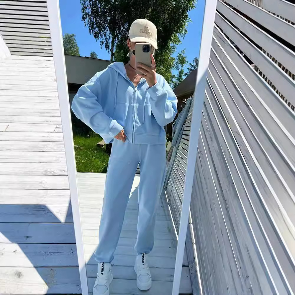 Casual Women's Solid Color Long Sleeve Zipper Hoodie Elastic Strap Pants Two Piece Set