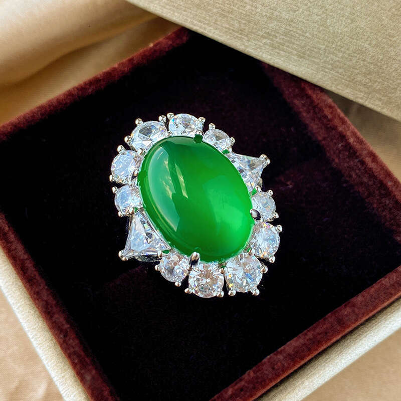 Zhuang Shengsheng Jewelry Copper Bottom Gold Plated Ice Seed Fluorescent Dan shaped Green Jadeite Set Stone 25-13 * 18