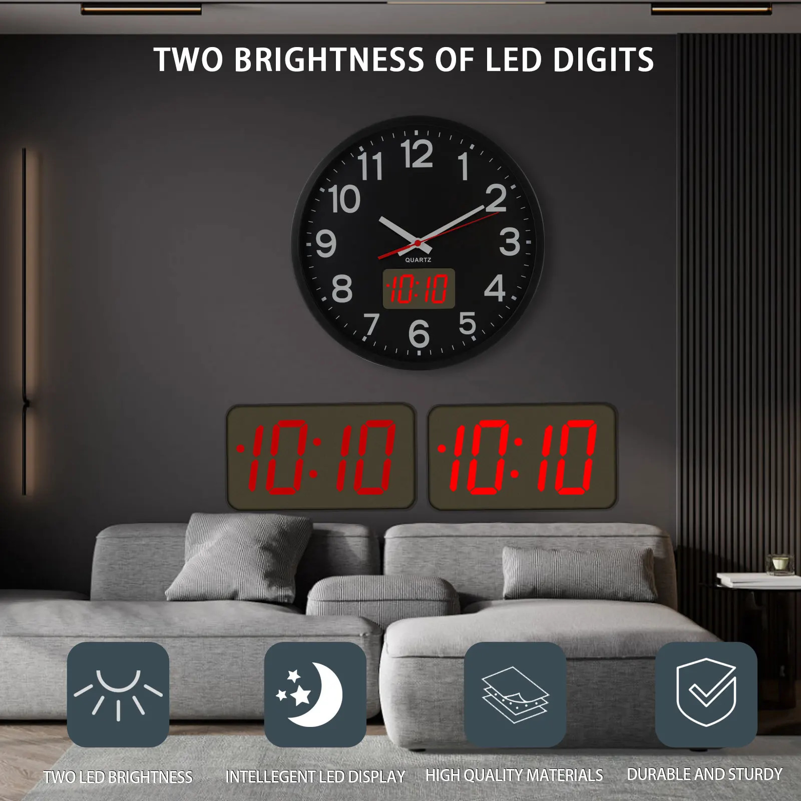 Wall Clock Battery Operated12 Silent Wall ClockAnalog and DigitalLED/LCD Digits Display Time/Date/Temperature Display 250325
