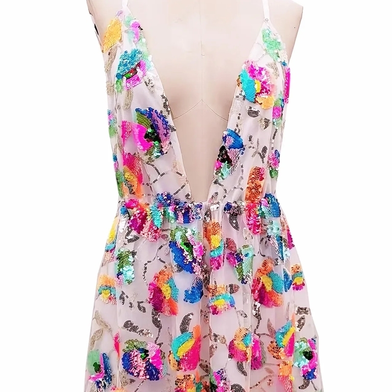 Sexy Deep V Backless Sequin Floral Tie Women Short Dress 250324