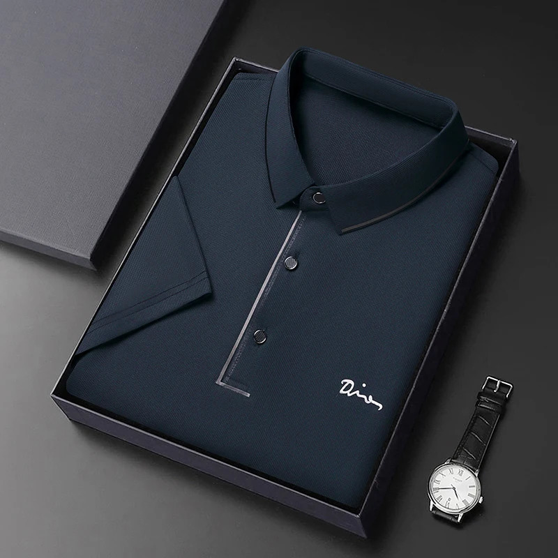 Ice Silk Polo T Shirt Mens Short Sleeved Solid Color POLO Breathable and Comfortable Elastic Tops 250311