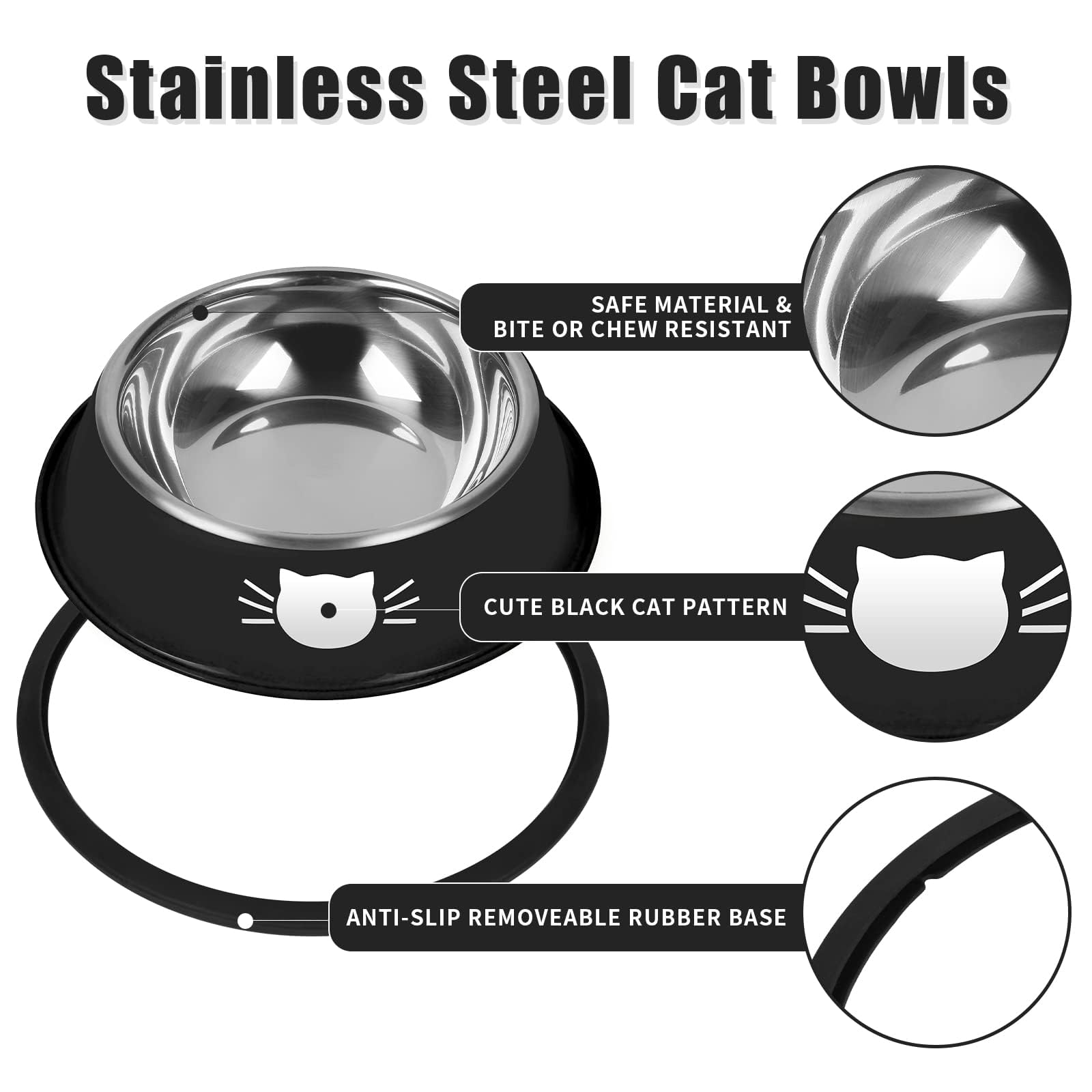 Anti-Slip Stainless Steel Cat Food Bowl Set with Detachable Rubber Base 7 Ounce Capacity, Cute Color Design for Small Pets