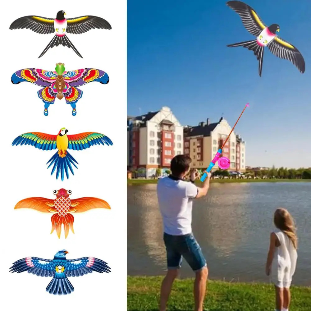 Childrens Kite Toy Cartoon Eagle Folding Mini Plastic Handbrake Fishing Rod Butterfly Outdoor Fun 250321
