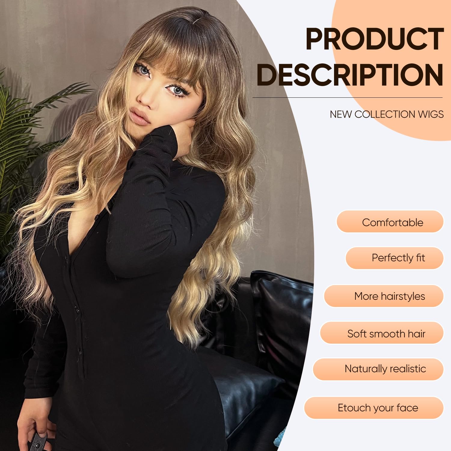 Long Ombre Blonde Wavy Wig with Bangs for White Women Dirty Blonde Natural Looking Female Wigs With Dark Roots Synthetic Fiber Hair Wig for Daily Part