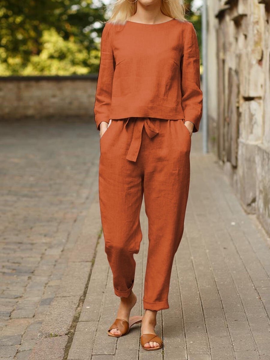 Women's Cotton En Autumn Cotton And Linen Casual Two-Piece Set