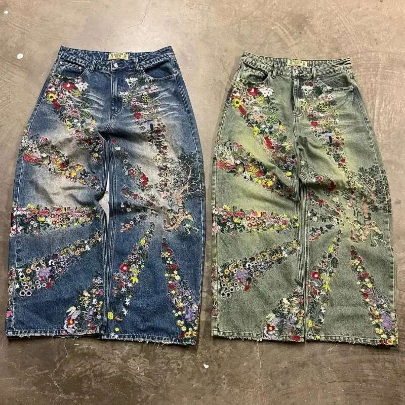 American Oversized Ral Print Straight Women High Street Retro Hip Hop Loose Wash Fashion Hot Girl Casual Y2k Jeans