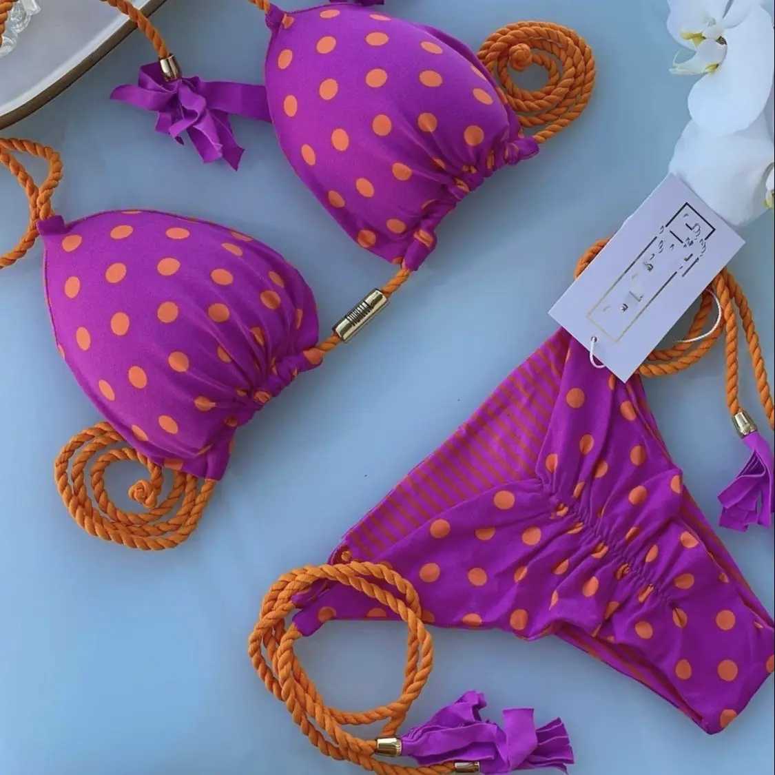 New womens sexy printed rope bikini split swimsuitXJ250324