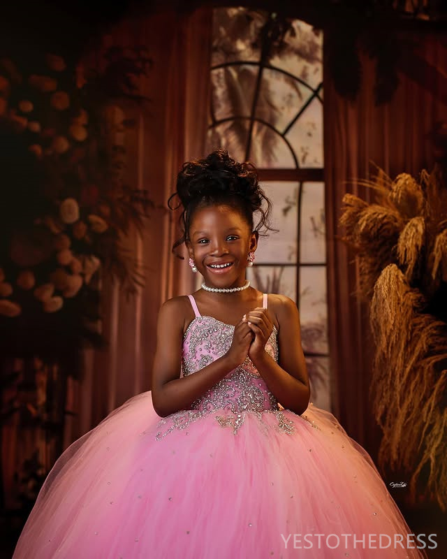 2025 Aso Ebi Pink Flower Girl Dresses Children Birthday Dress Illusion Spaghetti Straps Rhinetones Beaded Tiered Tulle Princess Queen Ball Gown For Ma