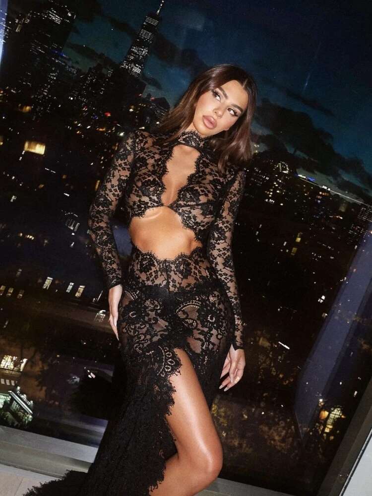 Sexy Sleeve Lace Hollow Design Long Dress Women Black O Neck Cut Out Split Slim Dresses Evening Party Tail Gowns