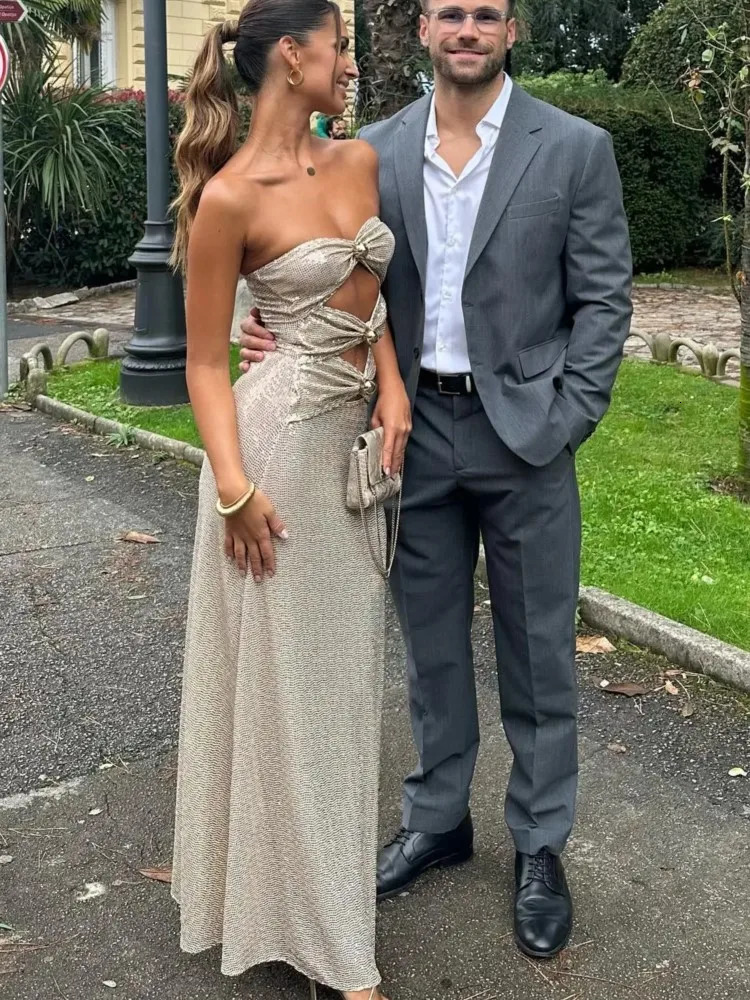 Pearl Sequin Strapless Dresses Backless Hollow Out Shiny Tube Top Dress Elegant Slim Fit Women Socialite Party Evening Robes 250325