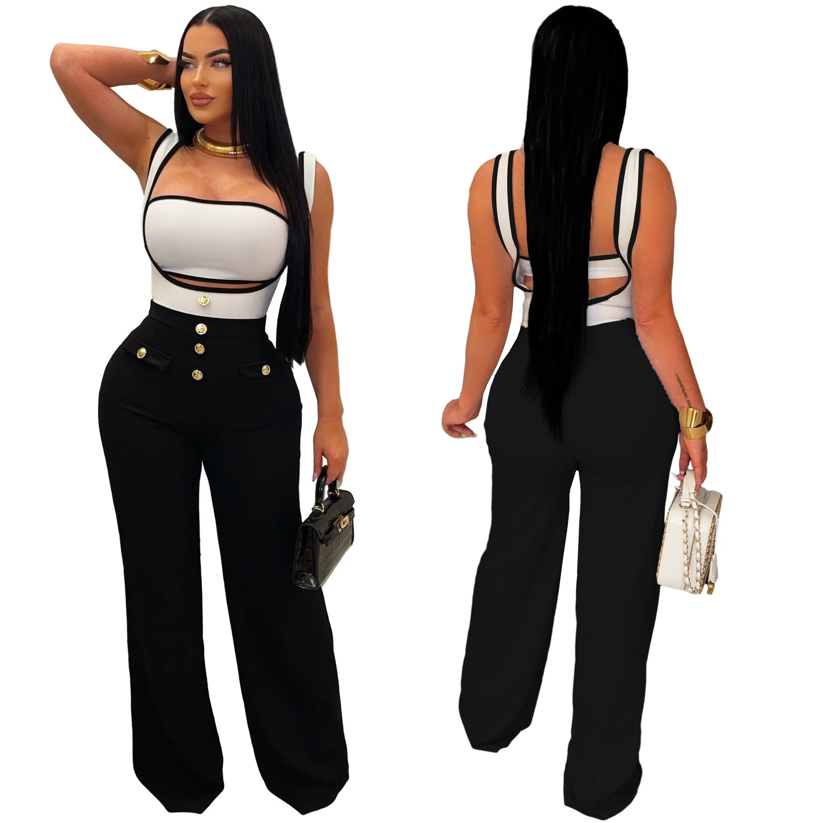 Womens jumpsuit sexy sleeveless high waisted solid backless suspension covered onepiece button splicing regular 250324Z
