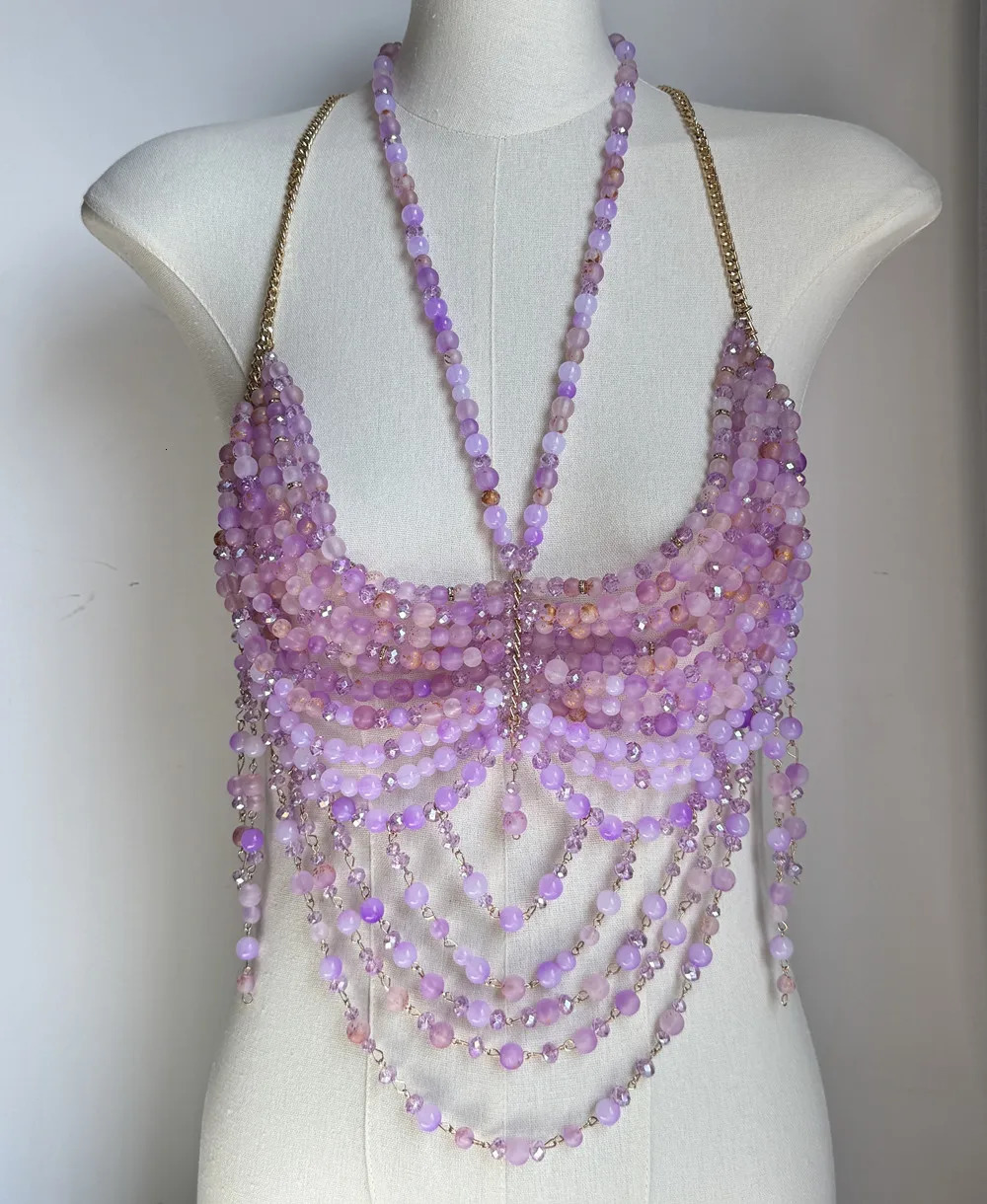Ladies Body Chain Beading Camisole Vest Hollow Out Top Body Jewelry Exaggerated Pearl Neck Bustier Fashion Bra Women Club Rave250324