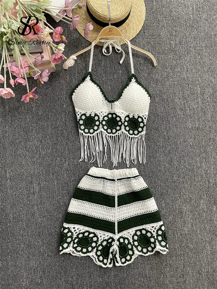 SINGREENY Summer Sexy Beach Set Fashion Strap Tassel Tank TopElastic Wide Leg Shorts Hollow Casual Two Piece Set 250322