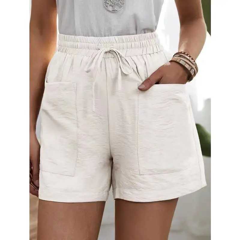 Linen womens summer shorts casual elastic waist white shorts solid basic loose wide leg linen womens high waist shorts W250324