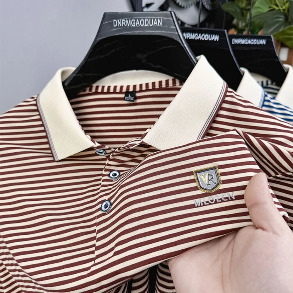 Spring and Autumn Mens Long Sleeve Casual Tshirt Daily Collar Polo Striped Clothing 250311