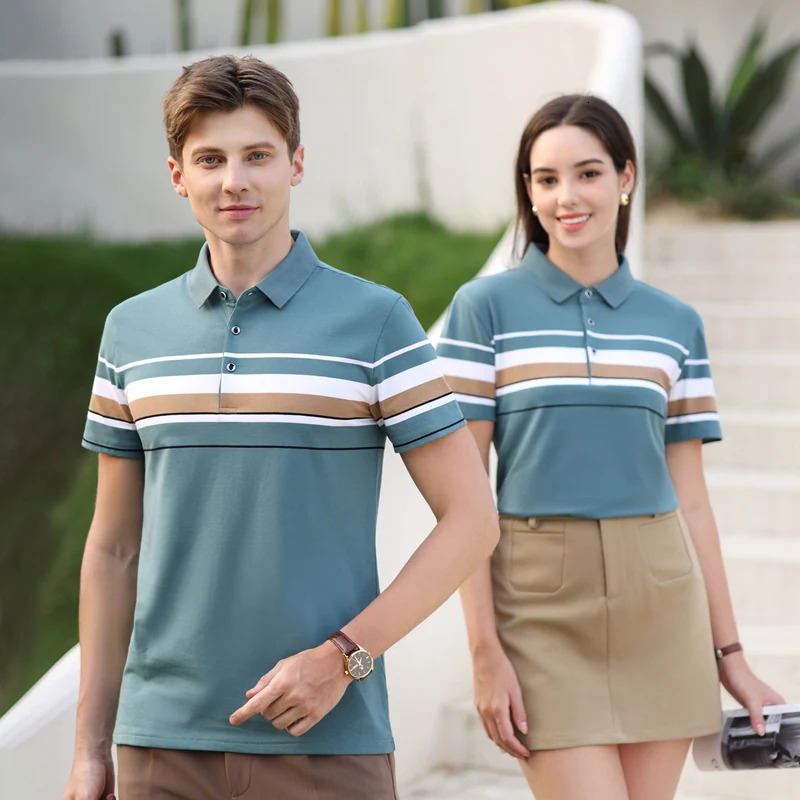 Summer mens polo shirt pure cotton short sleeved Tshirt thin striped business casual breathable wrinkle resistant top 250311