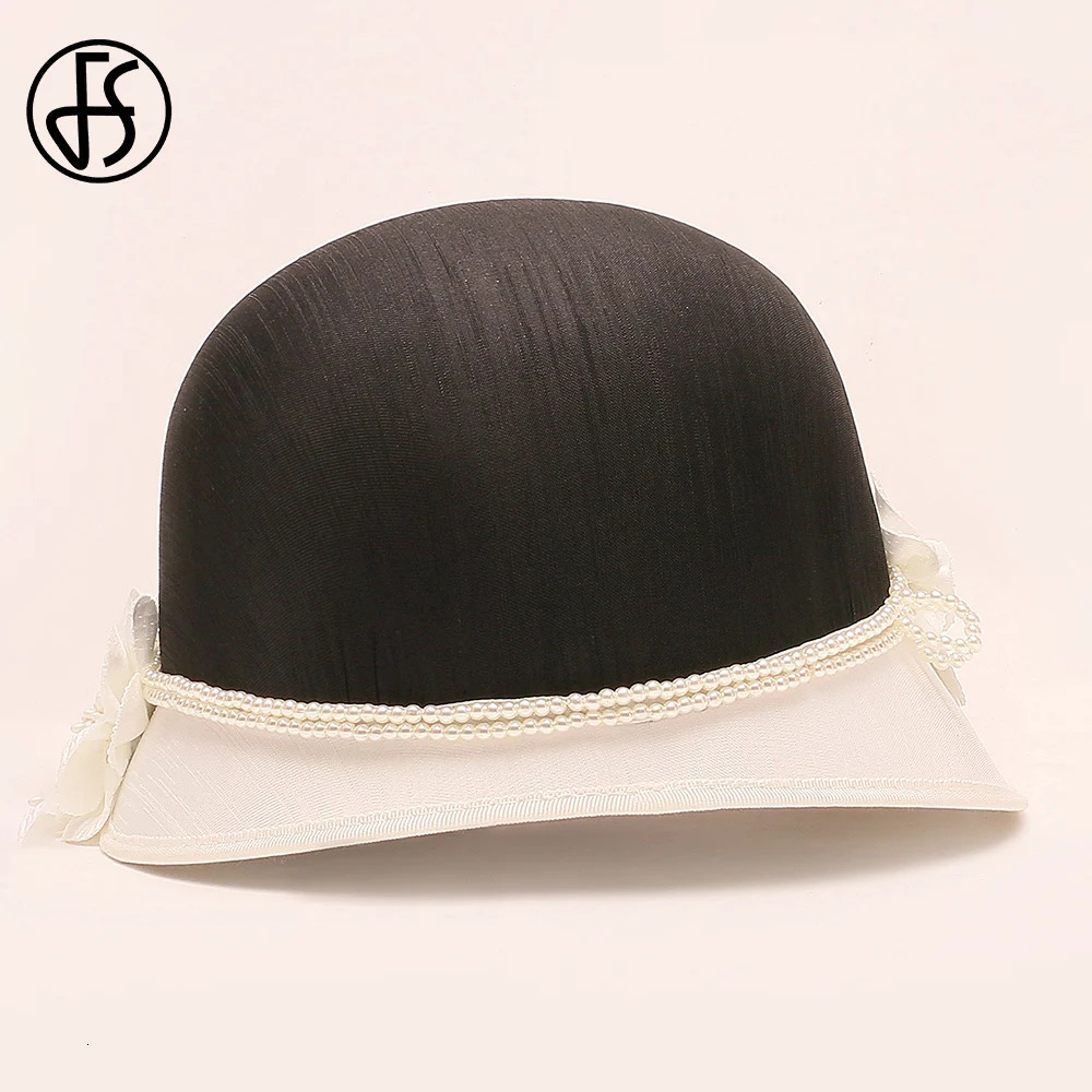 FS Elegant White Black Hat with Flowers Top British Ladies Retro Cocktail Party Hat Wedding Church Millionaire Winter 250320