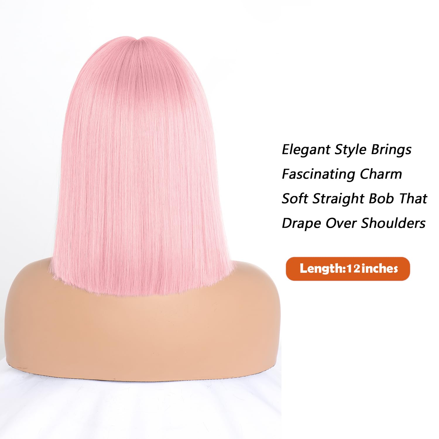 Short Pink Bob Wigs with Bangs,Short Straight Bob Pink Wigs for Women,Natural Looking Cosplay Daily Party Wig