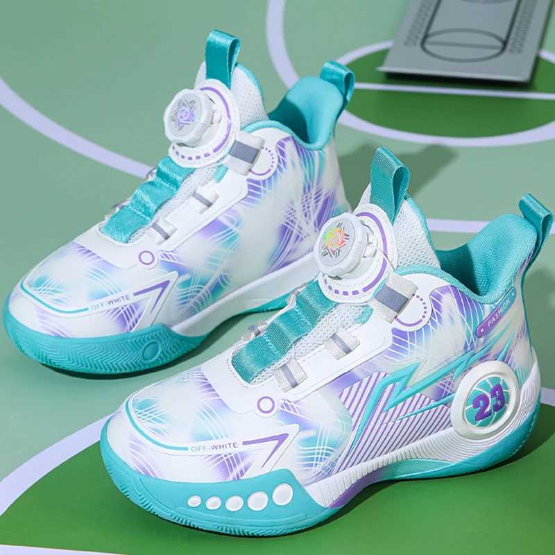 Childrens basketball shoes with leather surface thick sole sports shoes with increased height rotating buckle childrens walking shoes W250324