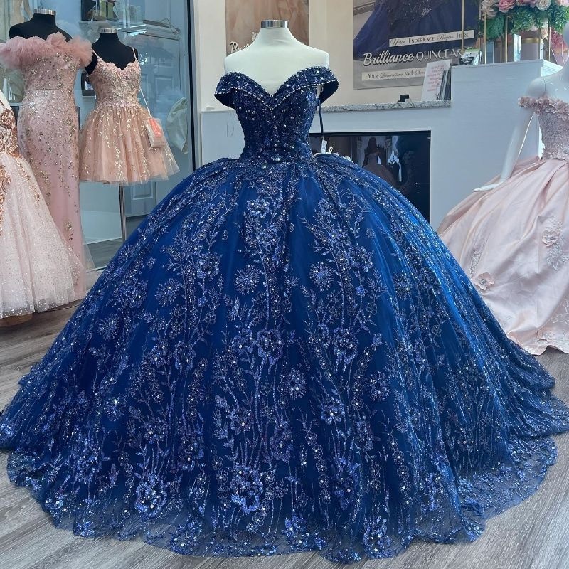 Navy Blue Sparkly Quinceanera Dresses Formal Party Birthday Beading Crystal Sequin Lace Appliques Tull Sweet 16 Dress Ball Gwon Vestidos De 15 Anos