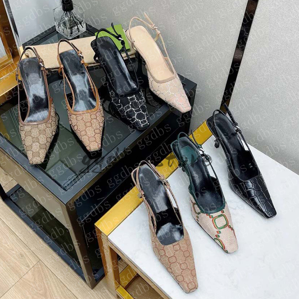 Slingback Designer Dress Shoes Sandals Lace up shallow cut Mid Heel Black mesh with crystals sparkling Print Rubber Leather summer Ankle Strap Slippers