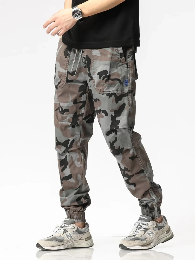 Multi pocket summer spring cargo pants mens zipper legs ankle length camouflage jogging cotton casual work clothes 250322