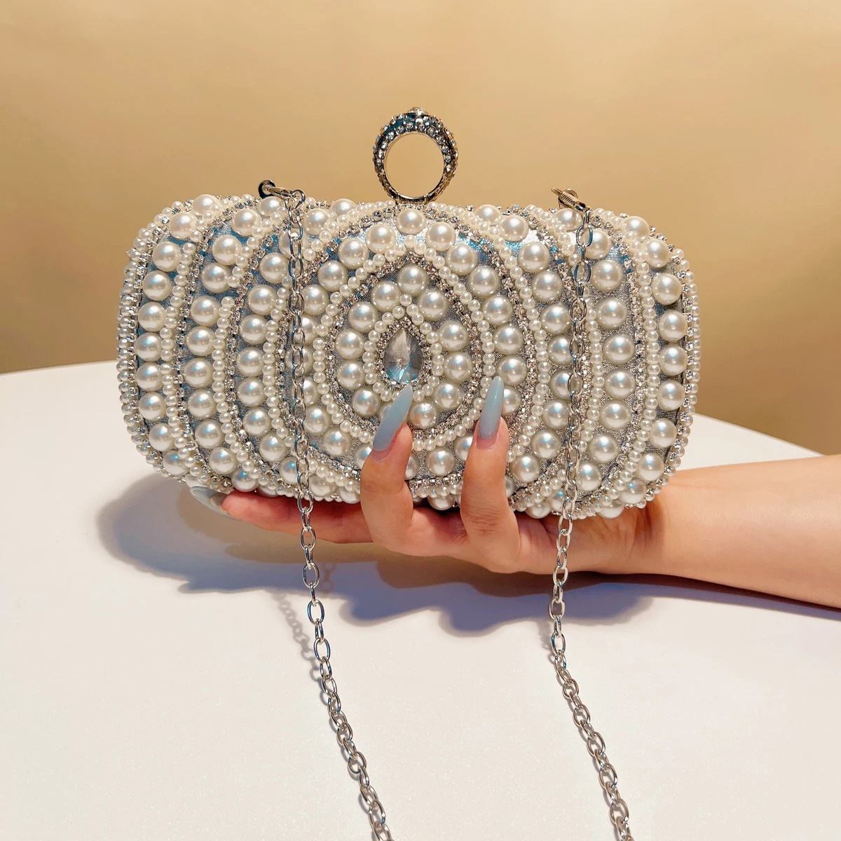 Pearl Retro Style Sparkling Rhinestone Evening Bag Finger Ring Diamond Party Wedding Ball Cocktail Clutch Bag 250320