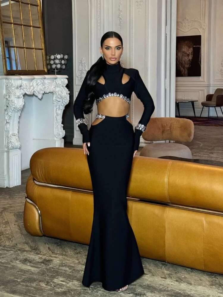 Brand New Women Sexy Long Sleeve Fishtail Black Bandage Maxi Skirt Suit Knitted Elegant Crystal Club Party Two Pieces Set