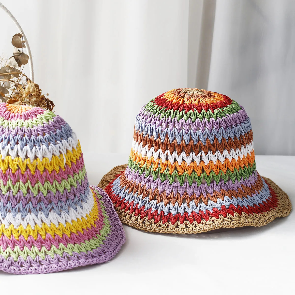 Rainbow woven womens sunscreen hat summer Japanese straw hat protective fashion breathable hollow beach sun hat 250320