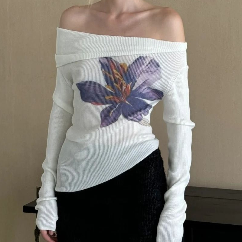 Women Clothing Autumn Floral Print Sexy Off Shoulder Slim Basic T-shirt Y2K Female Asymmetrical Long Sleeve Ribbed Knitted Tops 250324