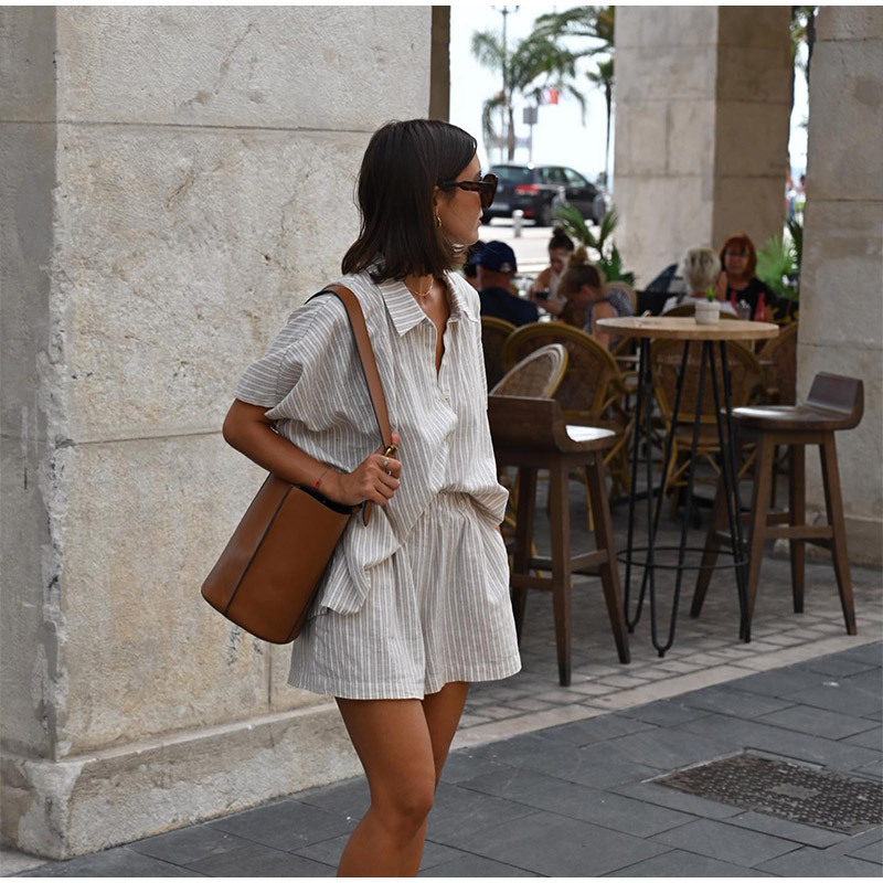 2025 Spring/Summer New Striped Shirt Shorts Set Fashionable, Comfortable, Casual, Loose and Versatile